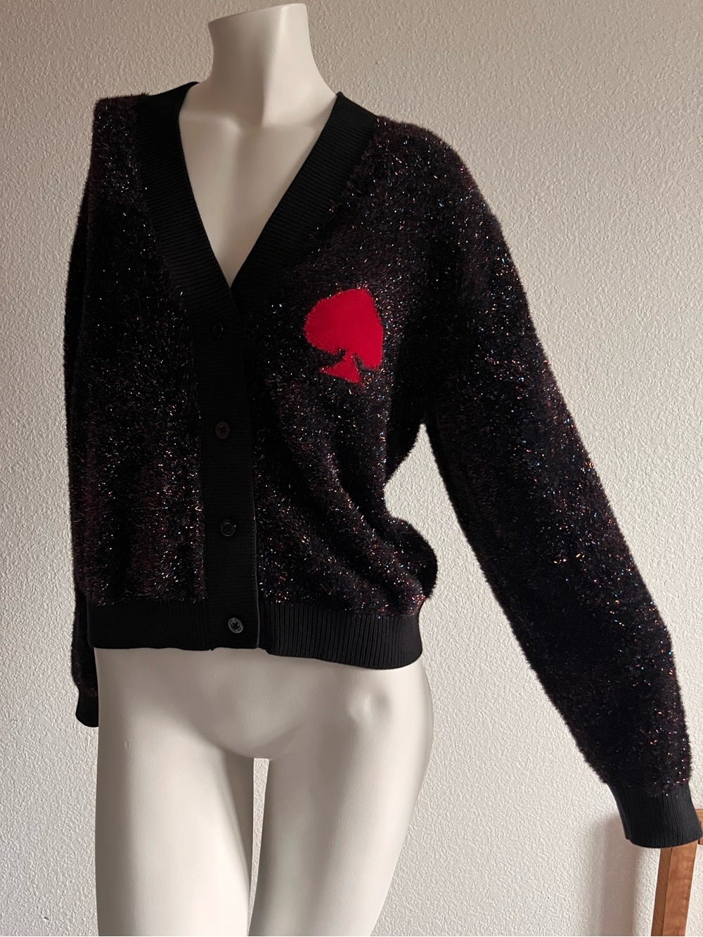 Kate Spade Logo Sparkle Cardigan S Black Multi Red Spade KJ213 $349